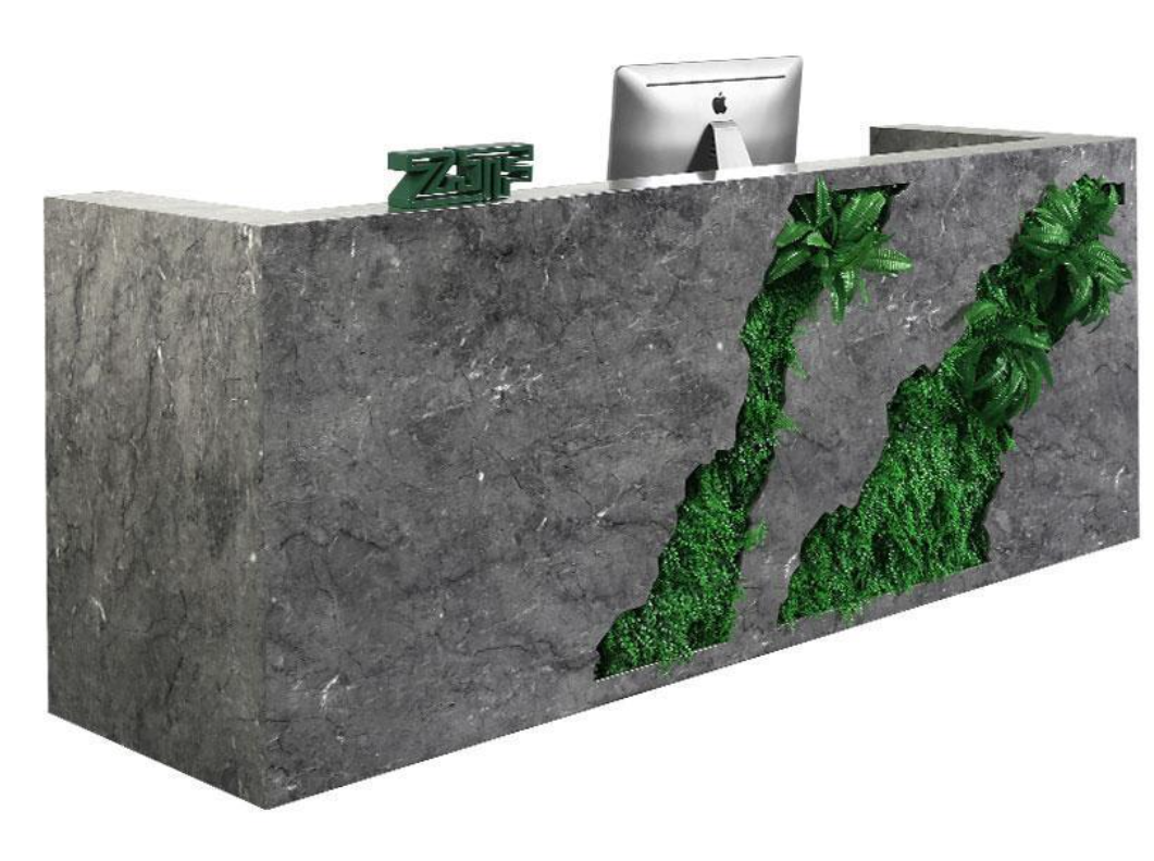 ナチュラルデザインのレセプションデスク | 緑のアクセント付き受付カウンター