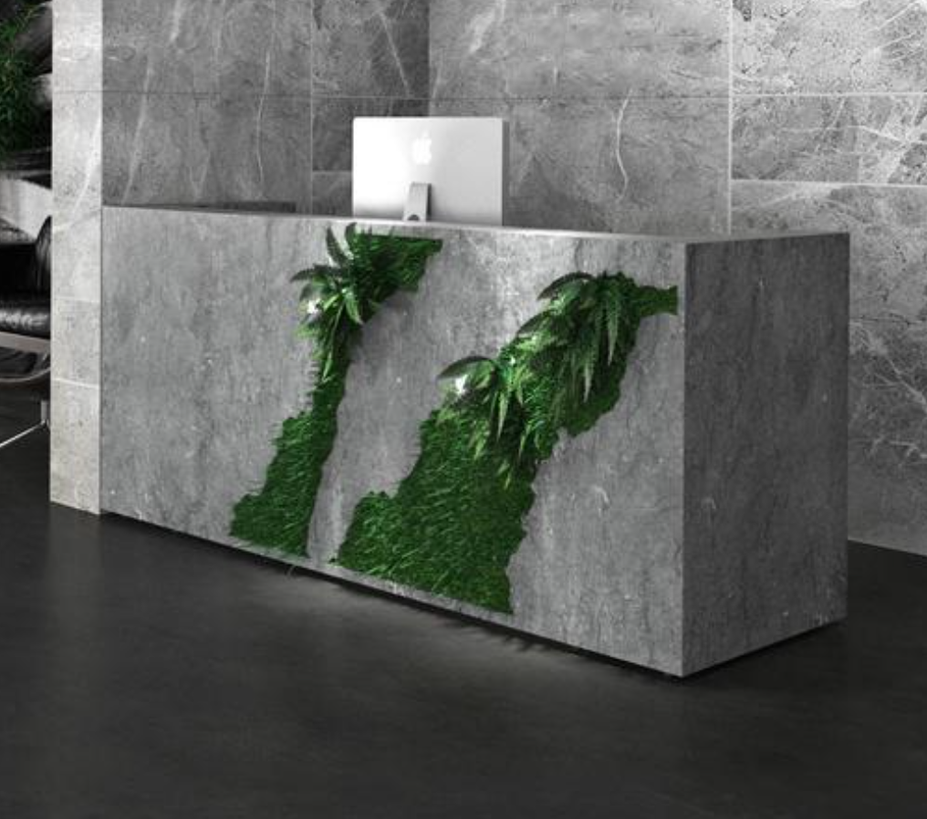 ナチュラルデザインのレセプションデスク | 緑のアクセント付き受付カウンター