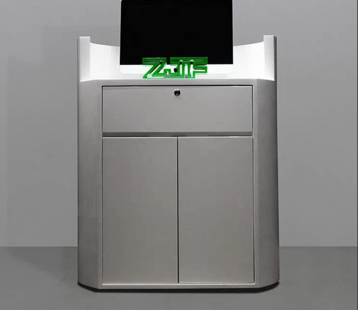 円形デザインの受付デスク | ミニマルでモダンなフロントカウンター