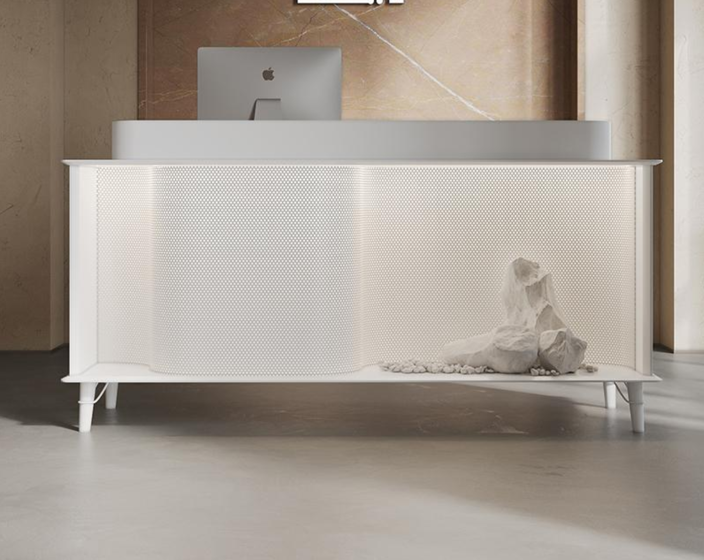 ミニマルデザインの受付カウンター | 穏やかな石の装飾