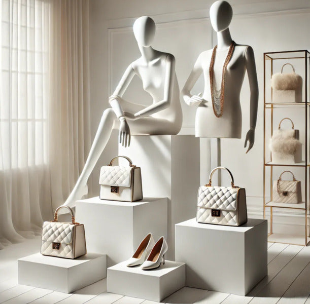 複数のホワイトディスプレイ台にバッグとシューズを配置し、マネキンを合わせた高級感のある陳列例