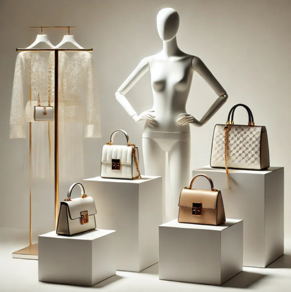 ホワイトディスプレイ台に高級バッグを配置し、マネキンと組み合わせたエレガントな店舗ディスプレイ