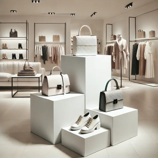 ホワイトディスプレイ台とマネキンを使用したモダンな店舗ディスプレイスペース|バッグとシューズの陳列例