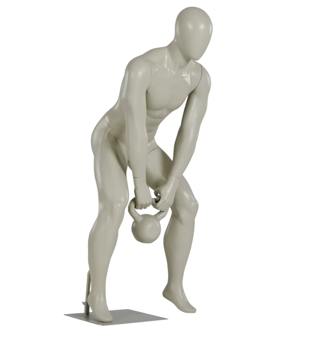 ケトルベルを持つ男性マネキン|デッドリフトトレーニングポーズ側面