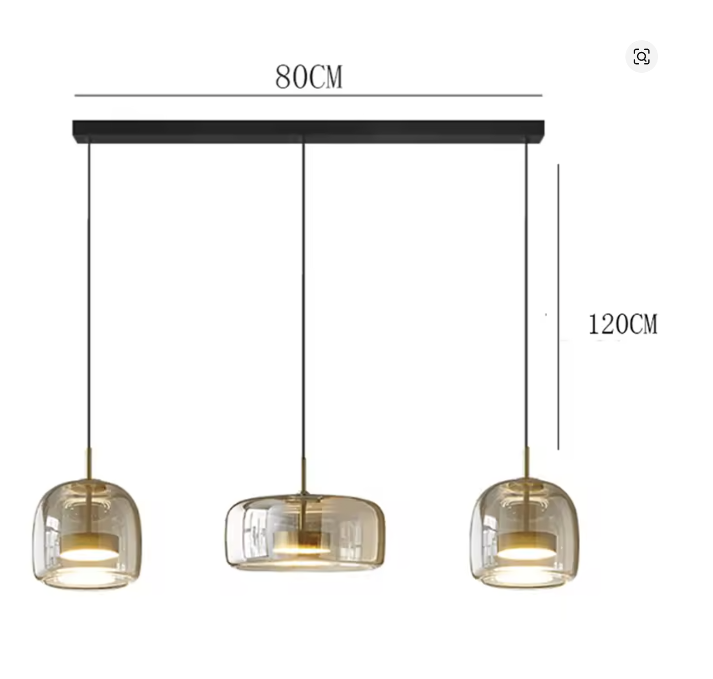 ゴールドカラーのトリプルペンダントライトサイズ図|バータイプの3灯吊り下げ照明・高さと幅の寸法入り