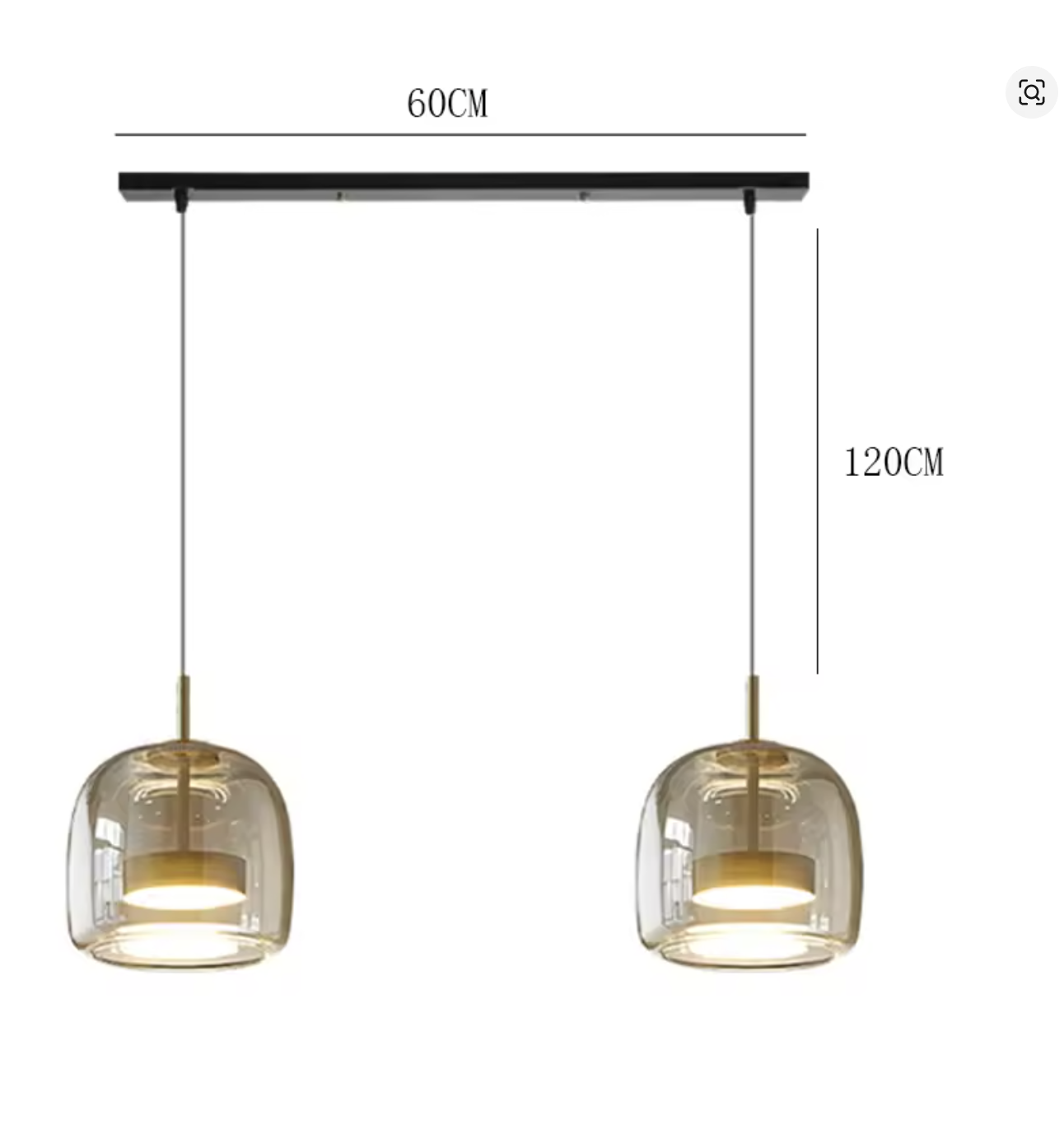 ゴールドペンダントライト2灯セットのサイズ図|全高とシェード寸法を示す説明画像