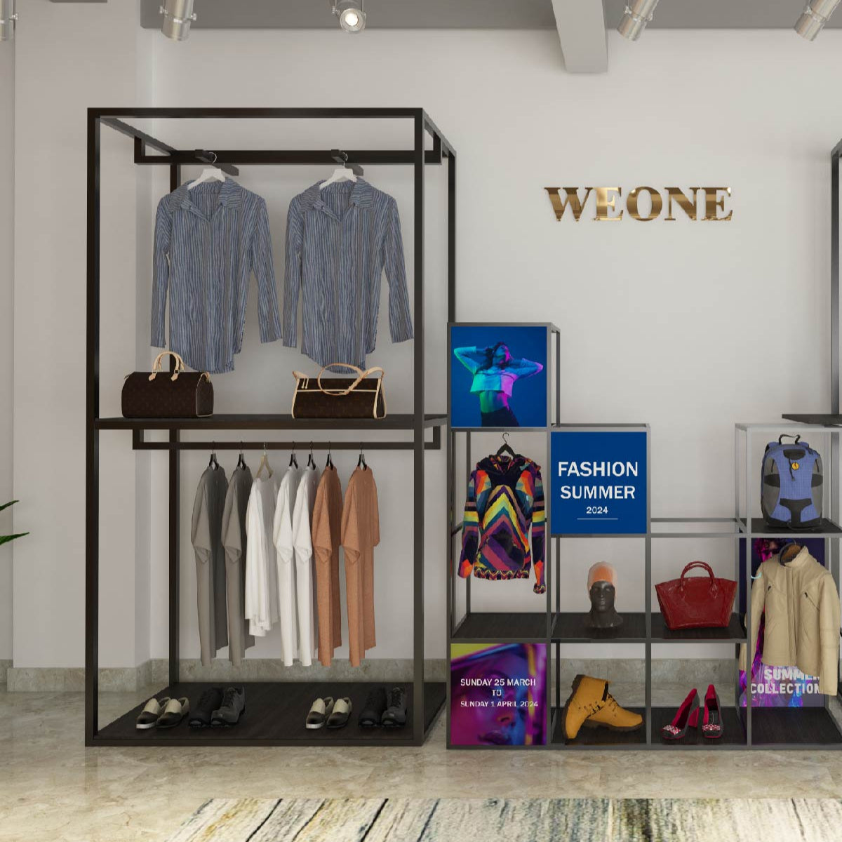 多機能デザインのモダンなハンガーラック - 棚とシューズ収納スペース付き、ブティックやアパレルショップに最適