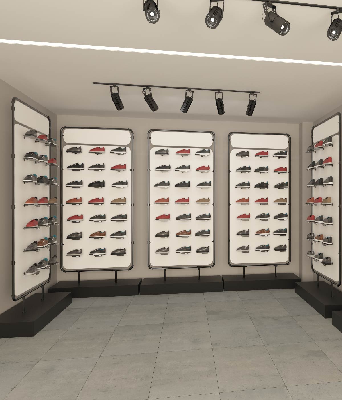 多層デザインのモダンなディスプレイスタンド - 金属フレームと木製棚付き、ブティック、メゾン、ショップに最適