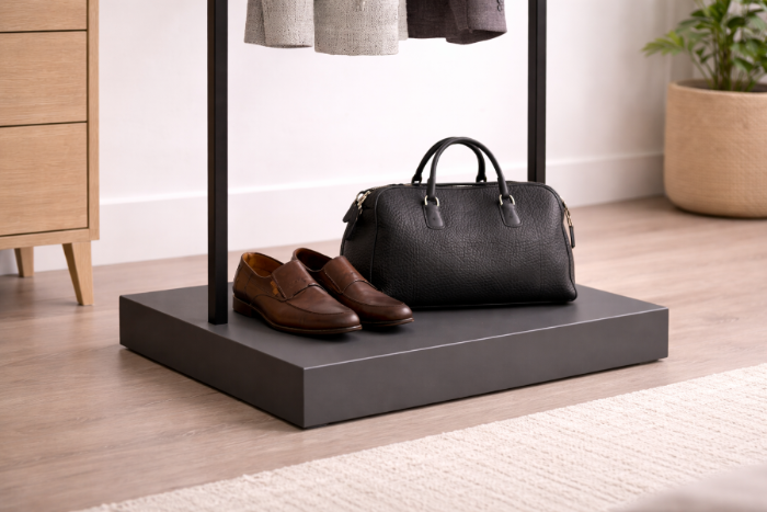 バッグを展示したディスプレイテーブルのクローズアップ