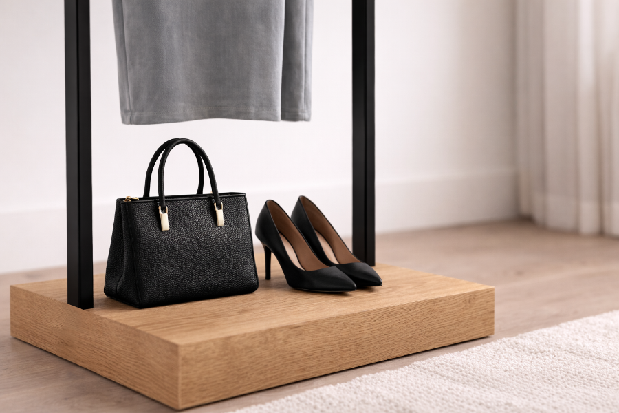 バッグを展示したディスプレイテーブルのクローズアップ
