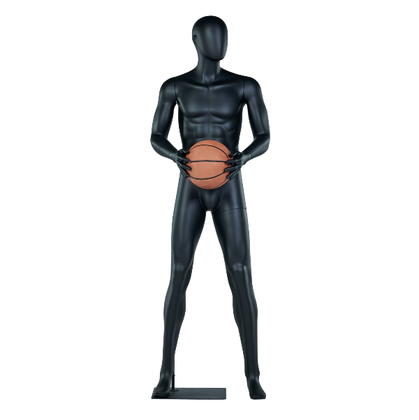 バスケットボールを持つ男性スポーツマネキン|全身正面ビュー・ブラックカラー