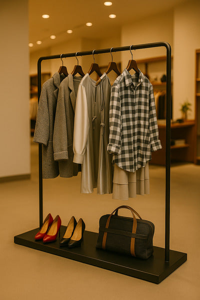 アパレルショップの黒いハンガーラックに陳列されたコートとバッグ