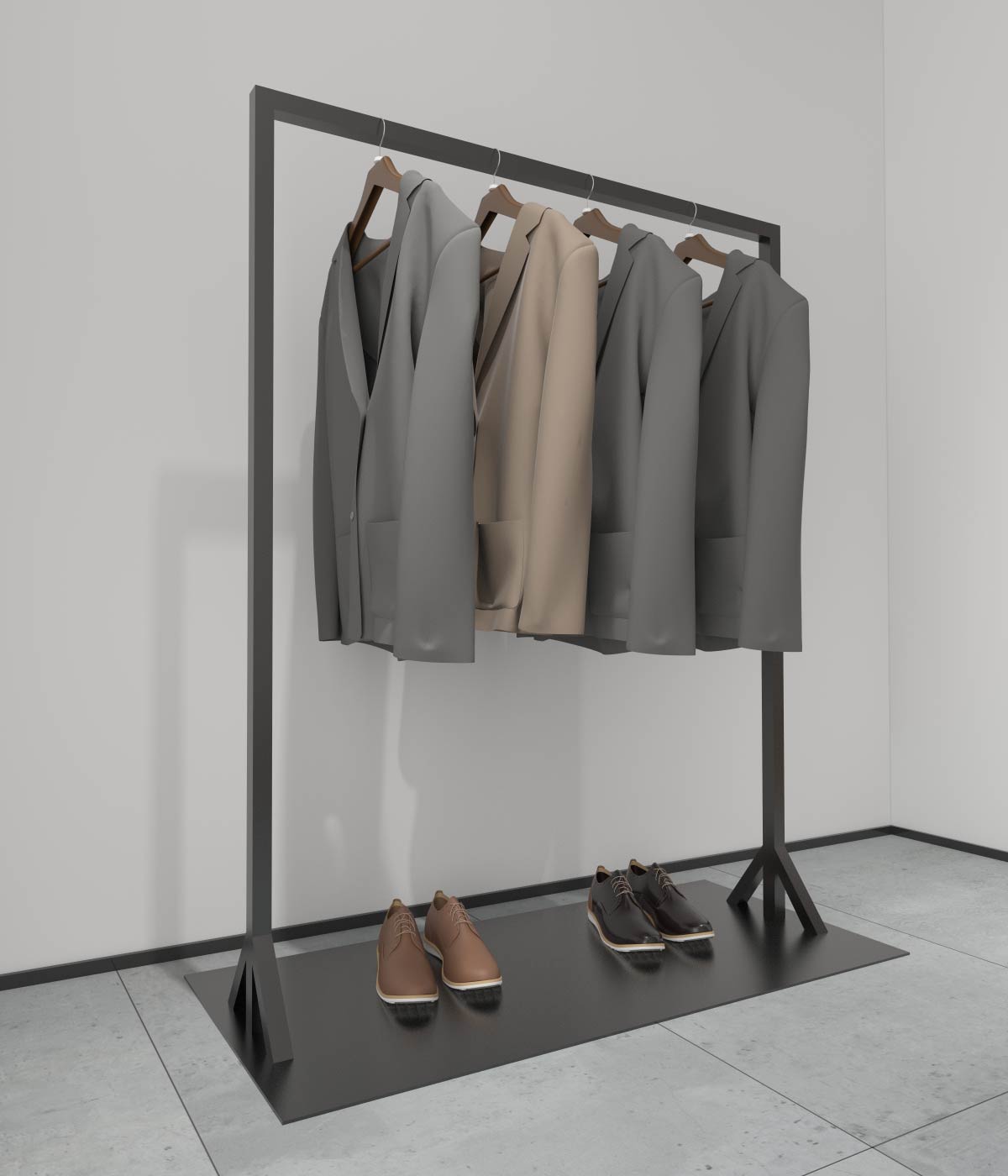 ブラック洋服ラックのサイドビュー|シンプルで丈夫なフレーム構造