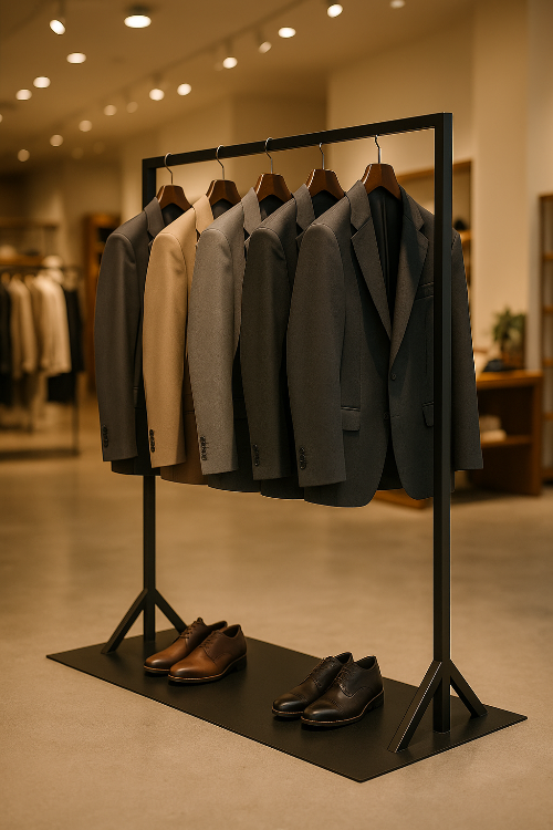 メンズスーツを展示するブラック洋服ラック|ショップディスプレイ例