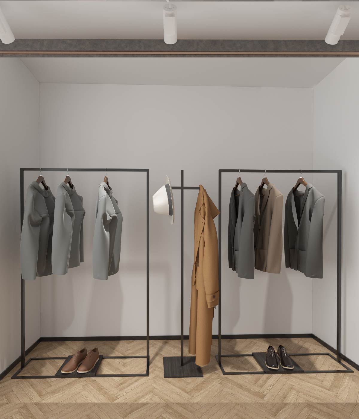 ブラックフレームのハンガーラックに衣類を掛けたショップルームディスプレイ