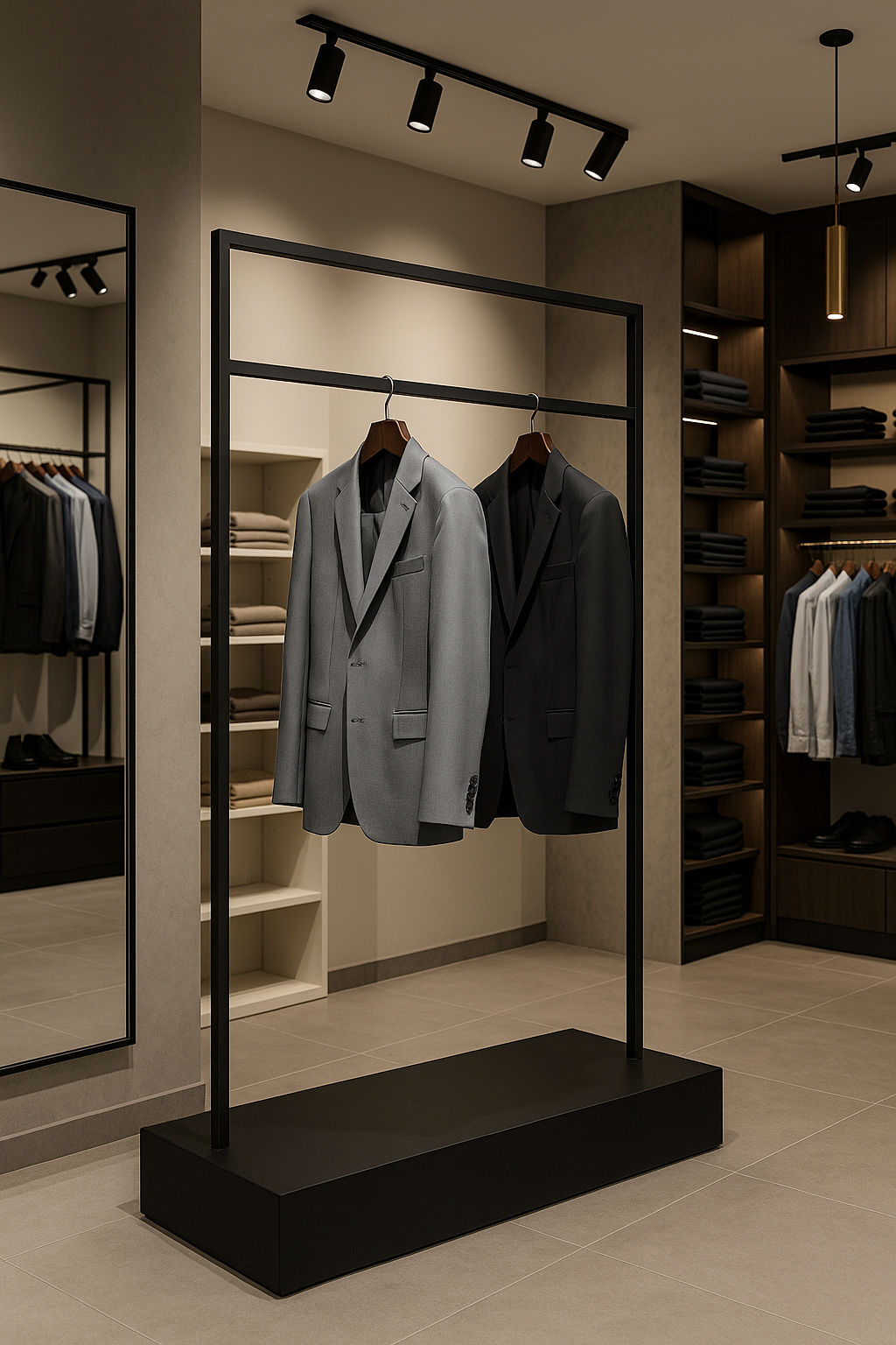 黒フレームとブラックベースのハンガーラックにスーツを展示した高級感あるショップ什器