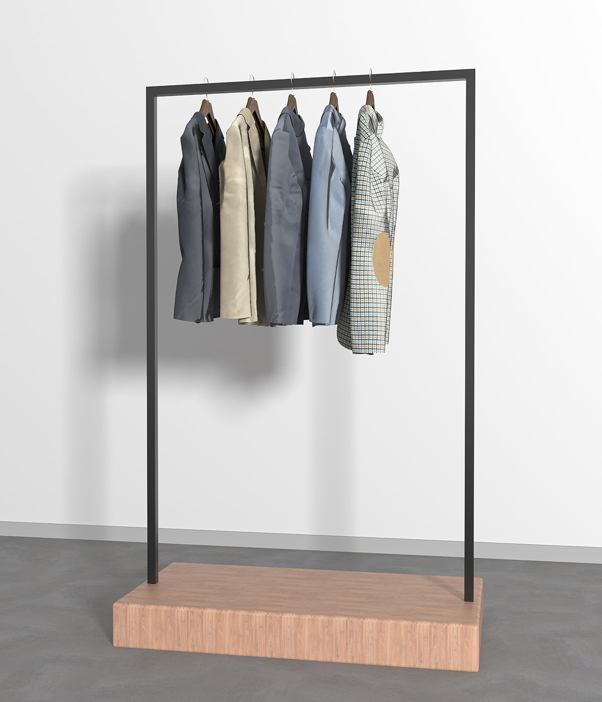 ブラックフレームとウッドベースのハンガーラックにデニムジャケットを掛けたディスプレイ