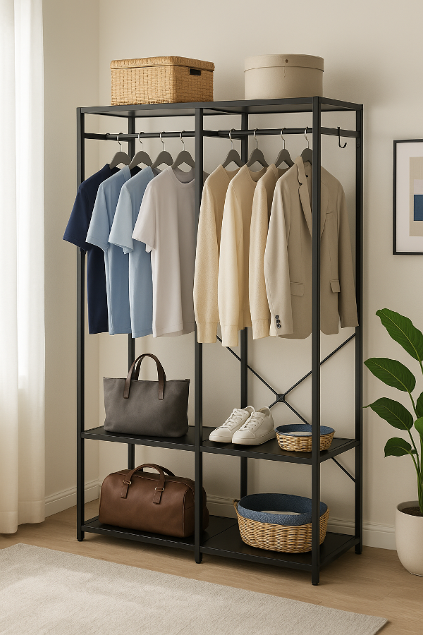 大容量のブラックスチール製ハンガーラックに衣類やバッグを収納した室内ディスプレイ