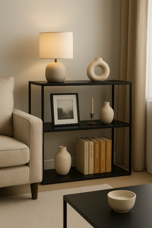 黒い金属製コンソール棚|おしゃれな雑貨ディスプレイ例