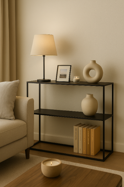 黒い金属製コンソール棚|リビングルームでのスタイリング例
