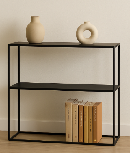 黒フレームのコンソール棚|キャンドルやアートを飾った温かみのあるインテリア