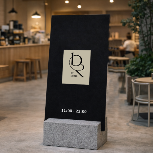 カフェ入口用A型スタンドサイン 石材ベース付き店舗看板 営業時間案内ディスプレイ