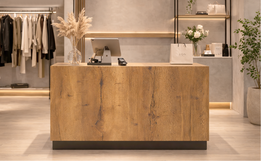 店舗レジ周りに設置された木製チェックアウトカウンターのディスプレイ