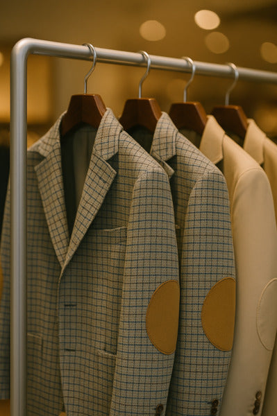 ハンガーラックに掛けられたジャケットの質感を捉えたクローズアップ写真