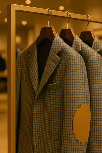 白いディスプレイラックに掛けられたコートのクローズアップ写真