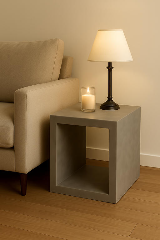 ランプを載せたグレーのキューブサイドテーブル