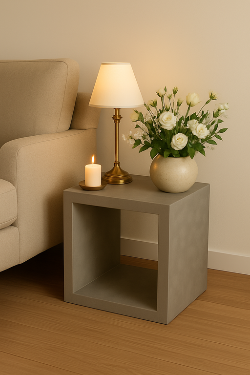 ソファ横に置かれたグレーのキューブテーブルとランプ
