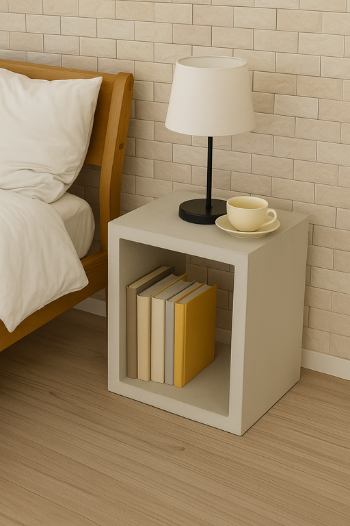 ベッドサイドに置かれたライトグレーのキューブ型サイドテーブル