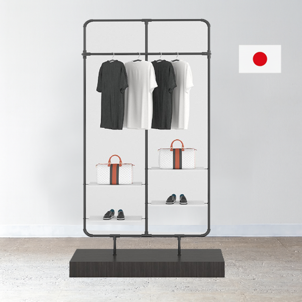 パイプフレームアパレルディスプレイラック Tシャツ・バッグ・シューズを展示する両面仕様の店舗什器