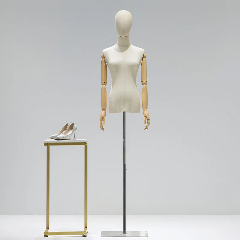 可動式木製アーム付きレディーストルソー シルバースタンド仕様の店舗用ディスプレイマネキン