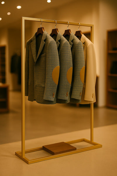 ゴールドハンガーラックにコートを展示したブティックディスプレイ