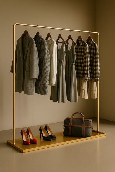ゴールドフレームのハンガーラックに洋服とバッグを並べた高級感のある店舗ディスプレイ
