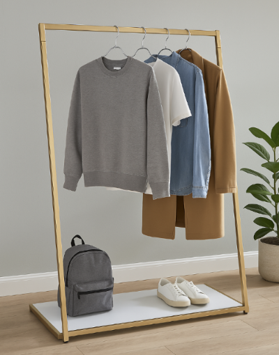ゴールドフレームのハンガーラックに衣類とバッグを掛けたスタイリッシュな室内ディスプレイ