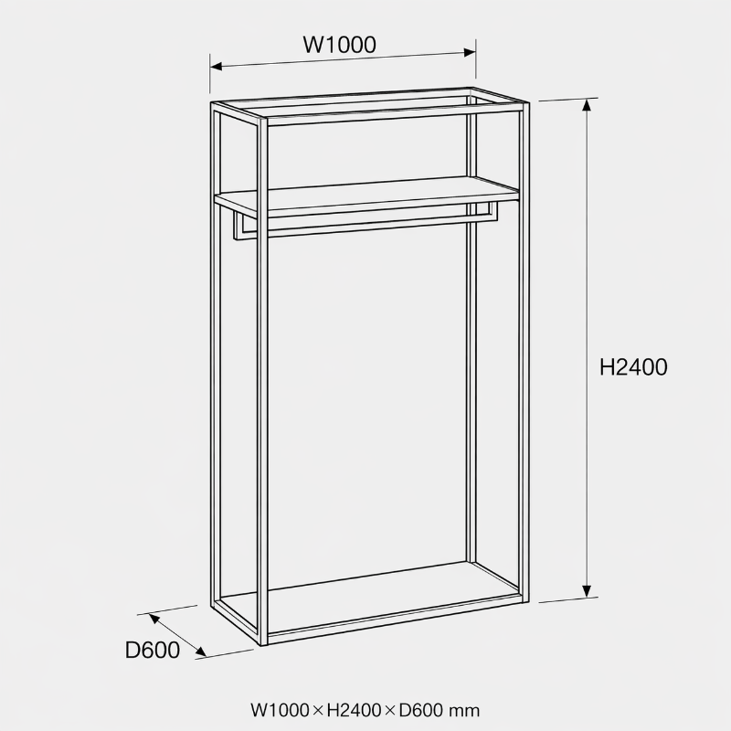キューブディスプレイラックのサイズ図 幅1000mm×奥行600mm×高さ2400mmの店舗向け展示什器寸法図
