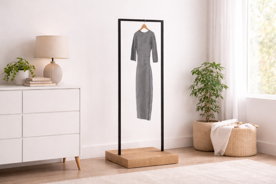 ハンガーラックを使用したホームインテリアの衣類ディスプレイ