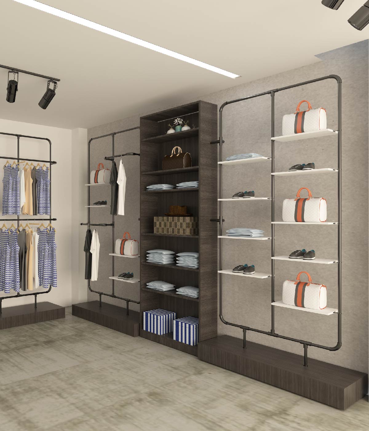 多機能シェルフ付きのモダンな金属フレームアパレルディスプレイラック - ブティック、メゾン、アパレルショップに最適