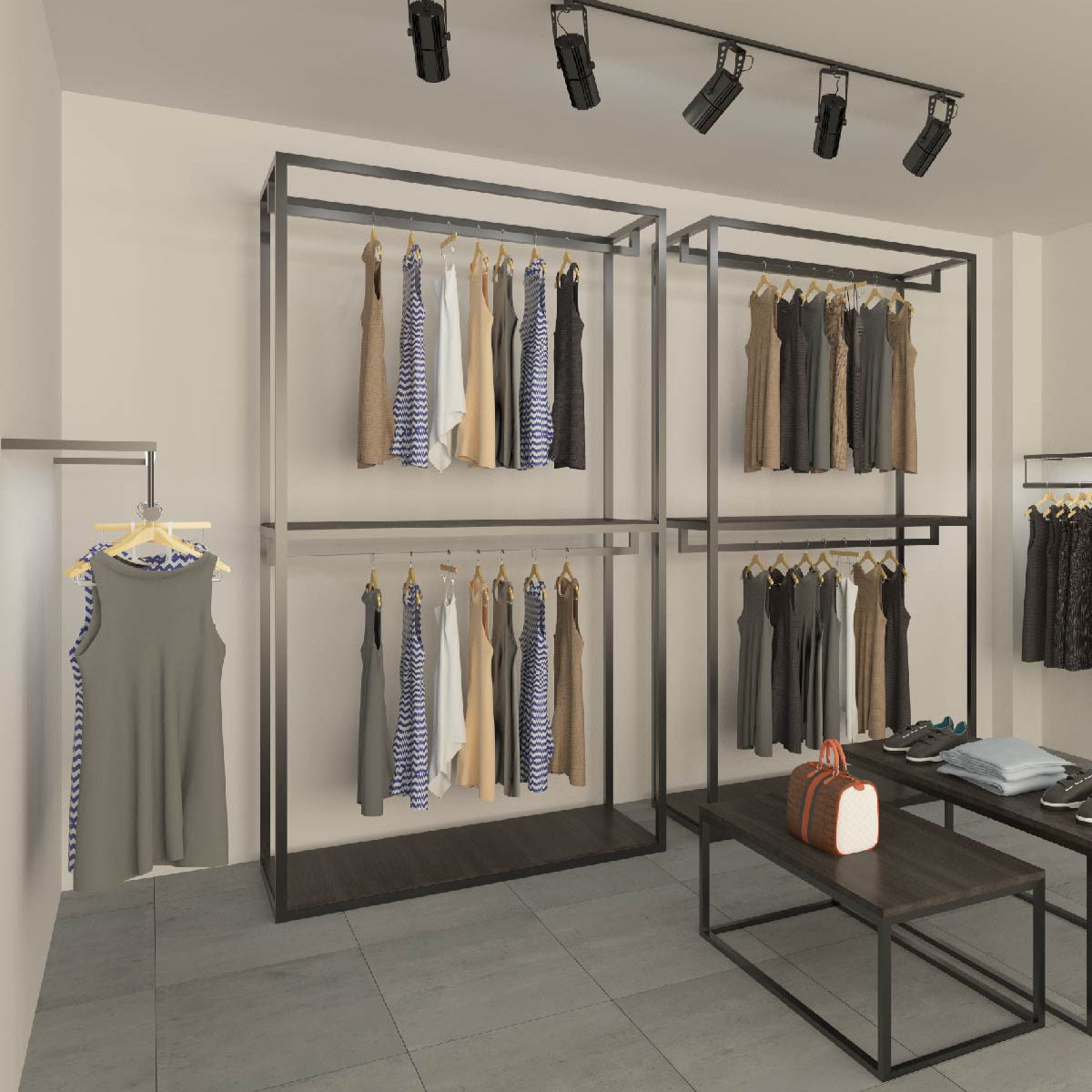 多機能デザインのモダンなハンガーラック - 棚とシューズ収納スペース付き、ブティックやアパレルショップに最適