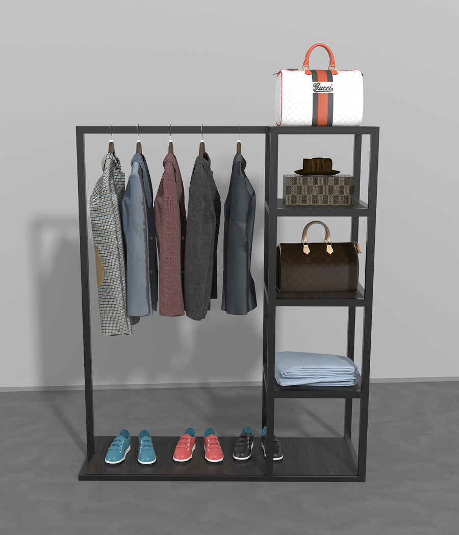 サイドシェルフ付きのミニマルな金属フレームハンガーラック - ブティック、メゾン、アパレルショップに最適