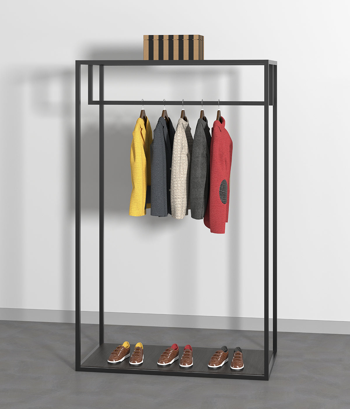 多機能デザインのモダンなハンガーラック - 棚とシューズ収納スペース付き、ブティックやアパレルショップに最適