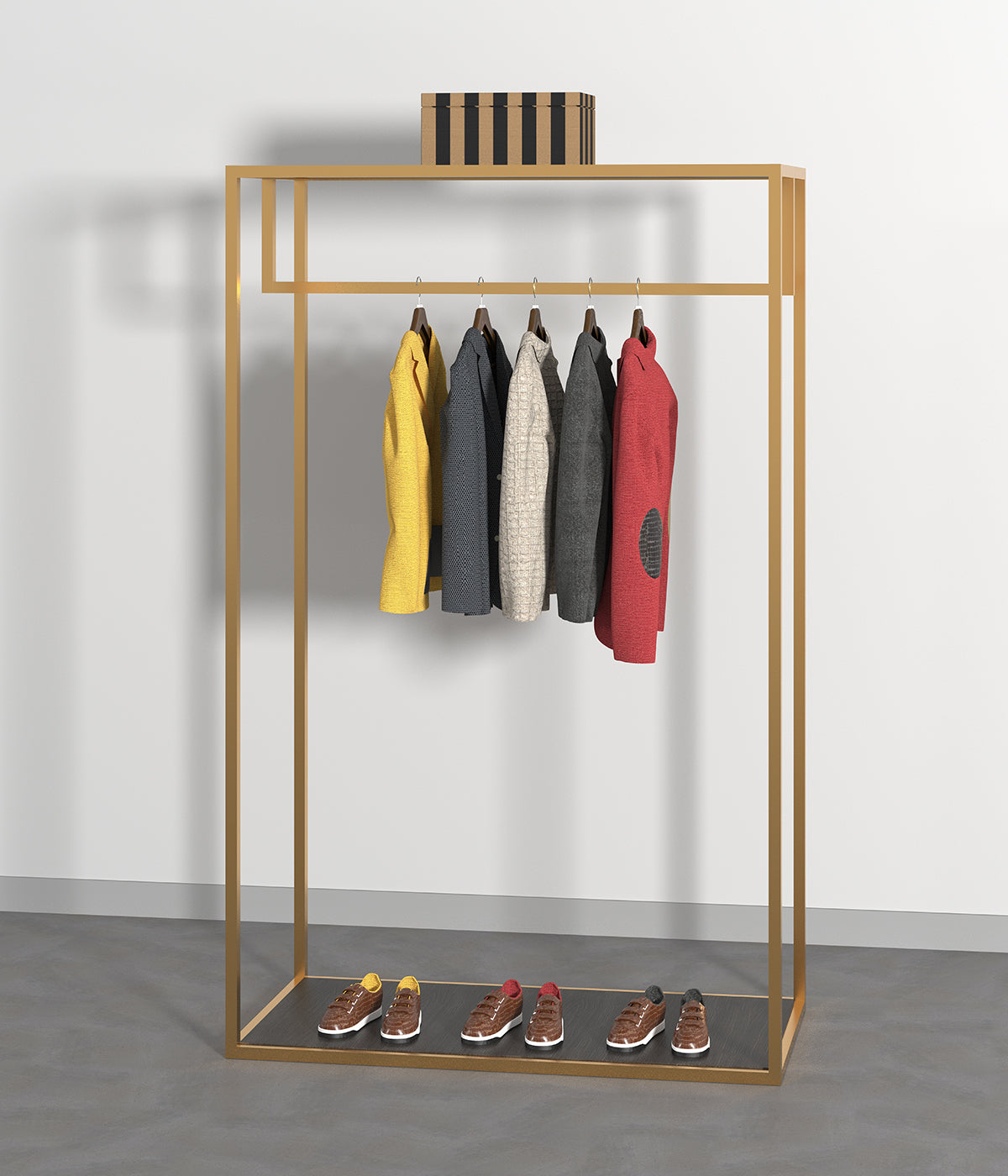 多機能デザインのモダンなハンガーラック - 棚とシューズ収納スペース付き、ブティックやアパレルショップに最適