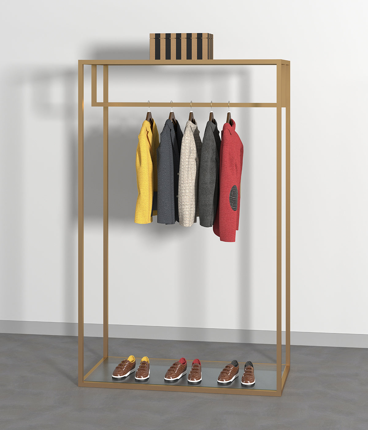 多機能デザインのモダンなハンガーラック - 棚とシューズ収納スペース付き、ブティックやアパレルショップに最適