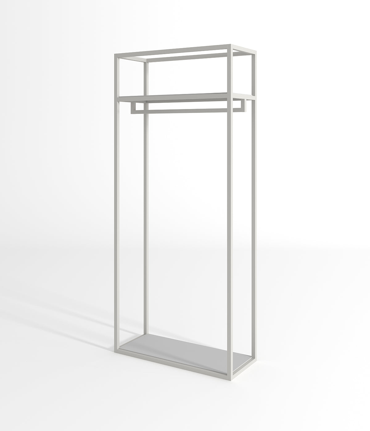 多機能デザインのモダンなハンガーラック - 棚とシューズ収納スペース付き、ブティックやアパレルショップに最適