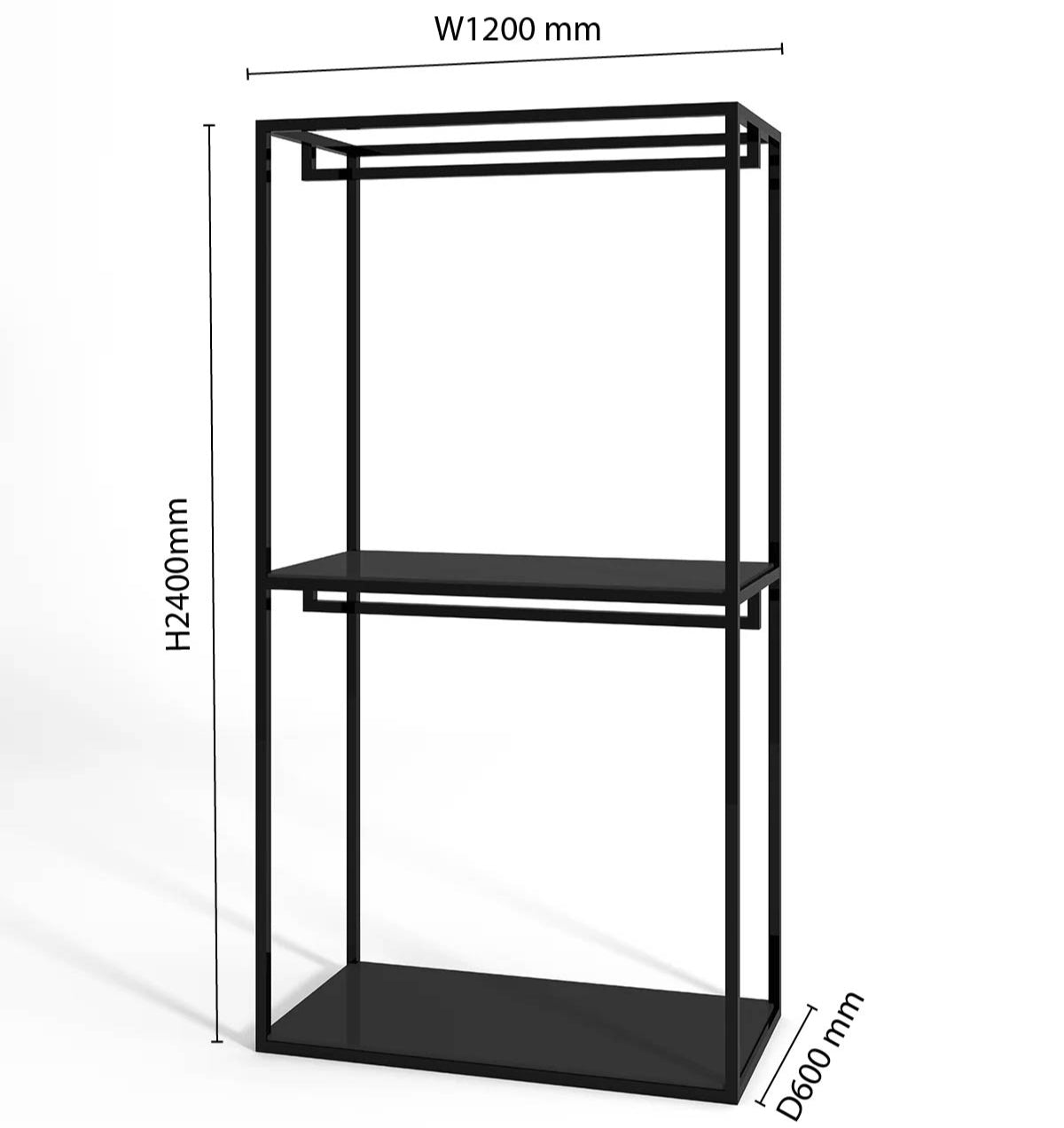 多機能デザインのモダンなハンガーラック - 棚とシューズ収納スペース付き、ブティックやアパレルショップに最適