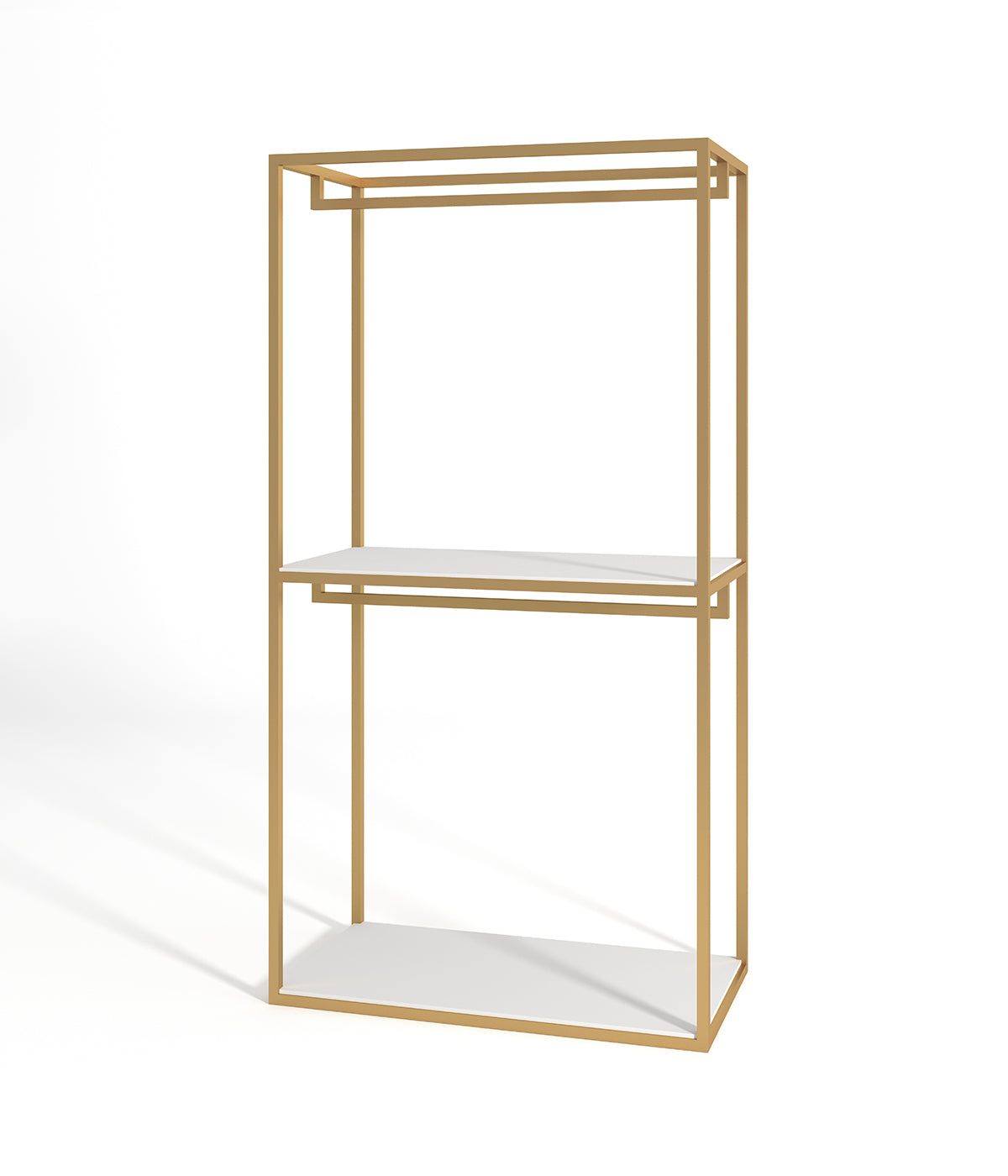 多機能デザインのモダンなハンガーラック - 棚とシューズ収納スペース付き、ブティックやアパレルショップに最適