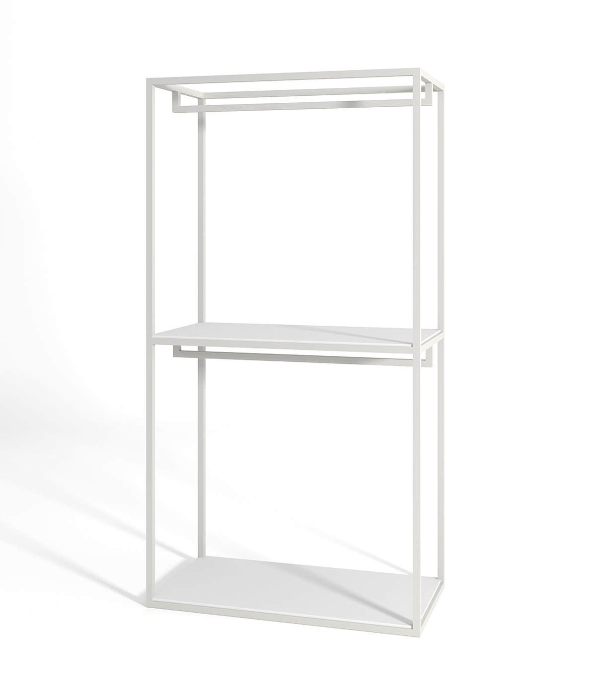 多機能デザインのモダンなハンガーラック - 棚とシューズ収納スペース付き、ブティックやアパレルショップに最適