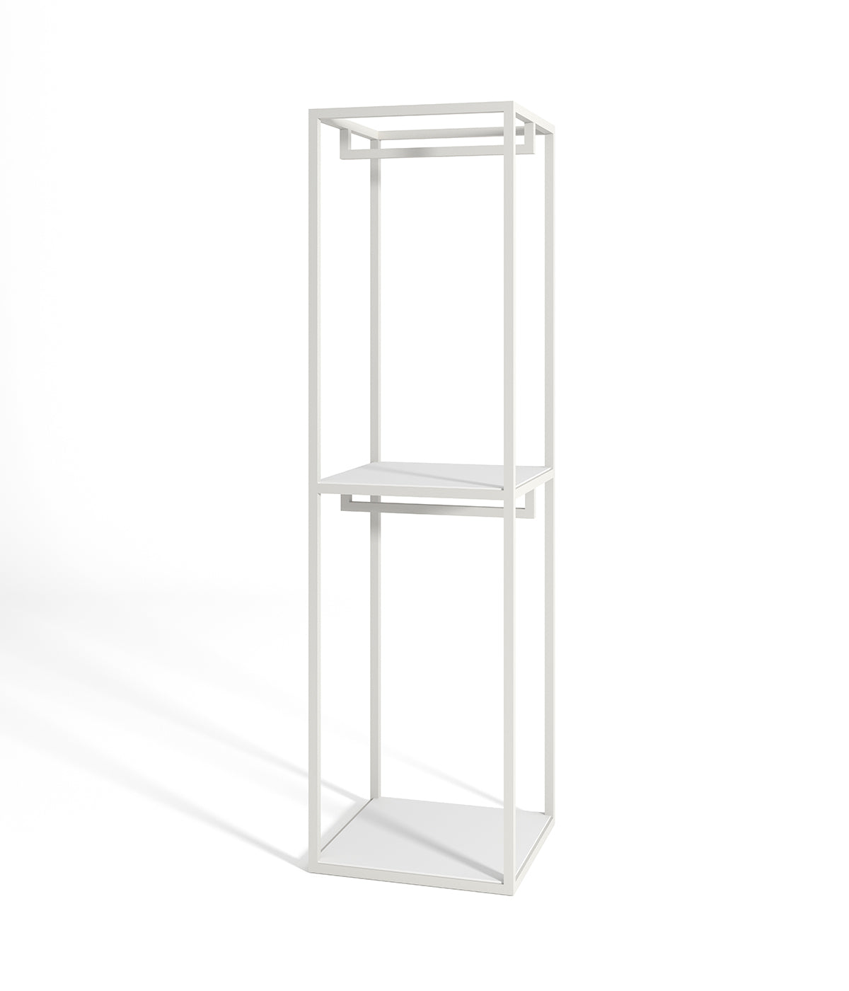 多機能デザインのモダンなハンガーラック - 棚とシューズ収納スペース付き、ブティックやアパレルショップに最適